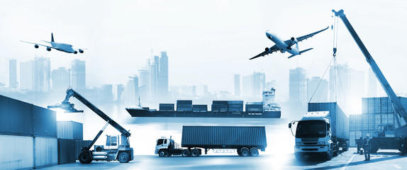 Transportation, import-export, commercial logistic, shipping business industry, container truck, ship in port and freight cargo plane - obrazy, fototapety, plakaty