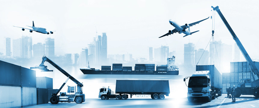Transportation, import-export, commercial logistic, shipping business industry, container truck, ship in port and freight cargo plane