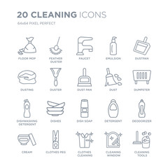 Collection of 20 Cleaning linear icons such as Floor mop, Feather duster, Clothes Cleaning, peg, Cream, Dustpan, Dust line icons with thin line stroke, vector illustration of trendy icon set.