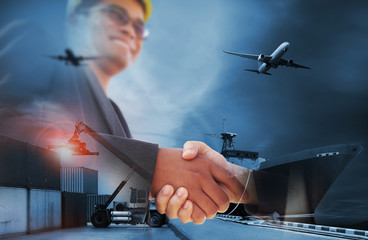 Transportation, import-export, commercial logistic, shipping business industry, container truck, ship in port and freight cargo plane with businessman working background
