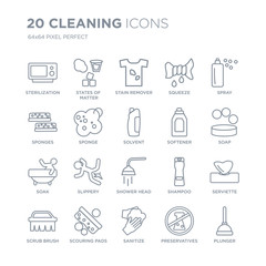 Collection of 20 Cleaning linear icons such as sterilization, States Matter, sanitize, scouring pads, scrub brush, Spray line icons with thin line stroke, vector illustration of trendy icon set.