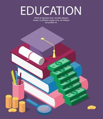 Fototapeta na wymiar Vector invest in education isometric concept in flat style - stack of coins and book with university hat - Vector