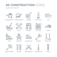 Collection of 20 Construction linear icons such as Wheelbarrow, Wheel barrow, Screwdrivers, Screws, Sledge hammer, Vise line icons with thin line stroke, vector illustration of trendy icon set.