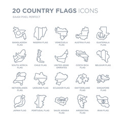 Collection of 20 Country Flags linear icons such as Bangladesh flag, Nigeria Saudi Arabia Portugal flag line icons with thin line stroke, vector illustration of trendy icon set.
