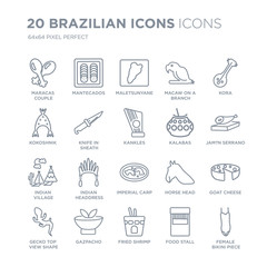 Collection of 20 Brazilian icons linear such as Maracas couple, Mantecados, Fried Shrimp, Gazpacho, Gecko top view shape line icons with thin line stroke, vector illustration of trendy icon set.