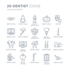 Collection of 20 Dentist linear icons such as mask, chair, Dental drill, filling, floss, dentist line icons with thin line stroke, vector illustration of trendy icon set.