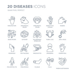 Collection of 20 Diseases linear icons such as Rheumatism, Rheumatic heart, Plague, pneumonia, Poliomyelitis, Rabies line icons with thin line stroke, vector illustration of trendy icon set.