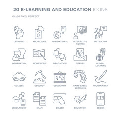 Collection of 20 E-LEARNING AND EDUCATION linear icons such as Learning, Knowledge, Eraser, Exam, scholarship, Instructor line icons with thin line stroke, vector illustration of trendy icon set.