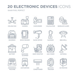 Collection of 20 Electronic devices linear icons such as ceiling fan, Camera, Air conditioner, purifier, answering machine line icons with thin line stroke, vector illustration of trendy icon set.