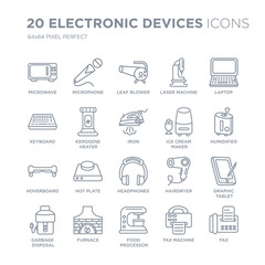 Collection of 20 Electronic devices linear icons such as Microwave, Microphone, food processor, furnace, garbage disposal line icons with thin line stroke, vector illustration of trendy icon set.