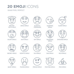 Collection of 20 Emoji linear icons such as Smiling  With Halo emoji, Smile Proud Puking Quiet emoji line icons with thin line stroke, vector illustration of trendy icon set.