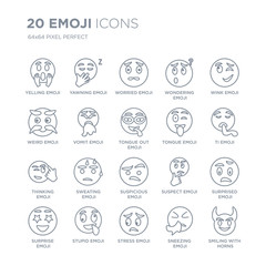 Collection of 20 Emoji linear icons such as Yelling emoji, Yawning Stress Stupid Surprise emoji line icons with thin line stroke, vector illustration of trendy icon set.