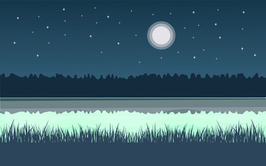 Panoramic lanscape. Vector illustration of nature. View with tree, grass, river, moon, forest, lake, reflection.