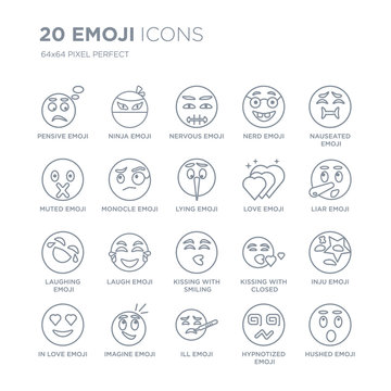 Collection of 20 Emoji linear icons such as Pensive emoji, Ninja Ill Imagine In love emoji line icons with thin line stroke, vector illustration of trendy icon set.
