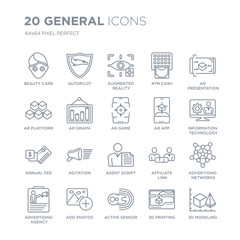 Collection of 20 general linear icons such as beauty care, autopilot, active sensor, add photos, advertising agency line icons with thin line stroke, vector illustration of trendy icon set.