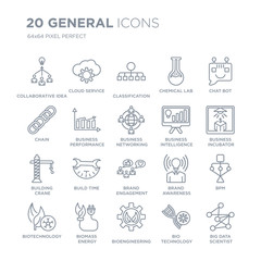 Collection of 20 general linear icons such as collaborative idea, cloud service, bioengineering, biomass energy, biotechnology line icons with thin line stroke, vector illustration of trendy icon set.