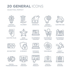 Collection of 20 general linear icons such as fintech innovation, filament, digital product, strategy line icons with thin line stroke, vector illustration of trendy icon set.