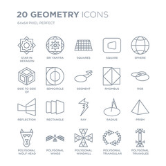 Collection of 20 Geometry linear icons such as Star in hexagon small triangles, Sri yantra, Polygonal windmill, wings line icons with thin line stroke, vector illustration of trendy icon set.