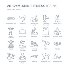 Collection of 20 Gym and fitness linear icons such as Strandpulling, Steroids, Push up, Resistance band, Rings, Sport wear line icons with thin line stroke, vector illustration of trendy icon set.