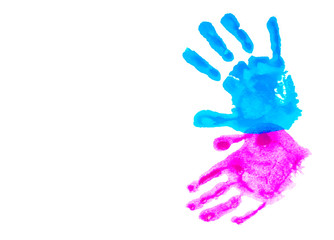Colorful child's handprints isolated on white with copy space. World autism awareness day concept.