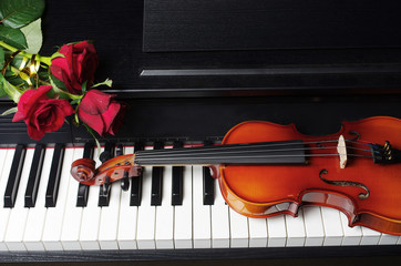 Violin and red roses on the piano keyboard