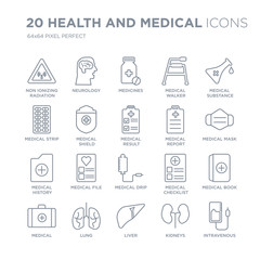 Collection of 20 Health and Medical linear icons such as Non ionizing radiation, Neurology, Liver, Lung,  line icons with thin line stroke, vector illustration of trendy icon set.