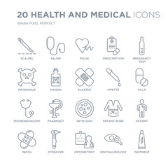 Collection of 20 Health and Medical linear icons such as Scalpel, Saline, Optometrist, Otoscope, Patch, Pregnancy test line icons with thin line stroke, vector illustration of trendy icon set.
