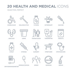 Collection of 20 Health and Medical linear icons such as Wheelchair, Walking stick, Sperm, Spermatozoon, Sphygmomanometer line icons with thin line stroke, vector illustration of trendy icon set.