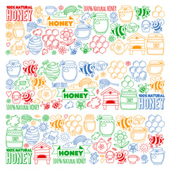 Vector image of bees, organic farm honey. Pattern with summer flowers. Healthy food.