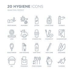 Collection of 20 Hygiene linear icons such as Moisturizer, microbes, food hygiene, Fragance, Gel, Lip balm, hygiene kit line icons with thin line stroke, vector illustration of trendy icon set.