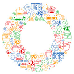 Vector image of bees, organic farm honey. Pattern with summer flowers. Healthy food.