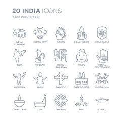 Collection of 20 india linear icons such as indian Elephant, Cow, Dharma, Dipa, Diwali lamp, Badge, Hindu line icons with thin line stroke, vector illustration of trendy icon set.
