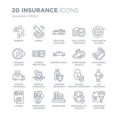 Collection of 20 Insurance linear icons such as Robbery, Repair, Inundation, Investment insurance, License line icons with thin line stroke, vector illustration of trendy icon set.