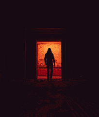 Fototapeta premium Behind that doors,Stranger walking alone in haunted house,3d illustration
