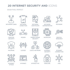Obraz na płótnie Canvas Collection of 20 INTERNET SECURITY AND linear icons such as network Cubes, Conection, Interactive, Internet line icons with thin line stroke, vector illustration of trendy icon set.