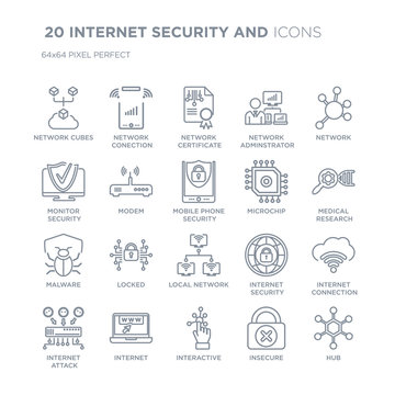 Collection of 20 INTERNET SECURITY AND linear icons such as network Cubes, Conection, Interactive, Internet line icons with thin line stroke, vector illustration of trendy icon set.