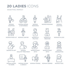 Collection of 20 Ladies linear icons such as Woman Shopping, Riding a Motorbike, Fishing, Giving Speech line icons with thin line stroke, vector illustration of trendy icon set.