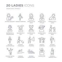 Collection of 20 Ladies linear icons such as Women Account, Woman Working, Sunbathing, Swimming line icons with thin line stroke, vector illustration of trendy icon set.