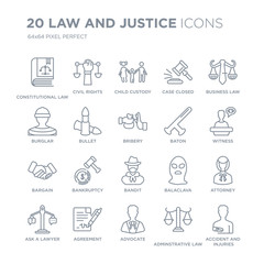 Collection of 20 law and justice linear icons such as constitutional law, civil rights, advocate, Agreement, ask a lawyer line icons with thin line stroke, vector illustration of trendy icon set.