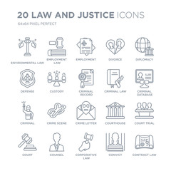 Collection of 20 law and justice linear icons such as environmental law, employment corporative counsel, Court line icons with thin line stroke, vector illustration of trendy icon set.