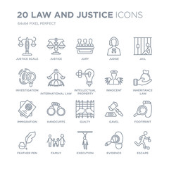 Collection of 20 law and justice linear icons such as scale, Justice, Execution, Family, Feather pen, Jail, Innocent line icons with thin line stroke, vector illustration of trendy icon set.