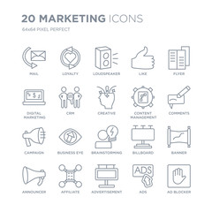 Collection of 20 Marketing linear icons such as Mail, Loyalty, Advertisement, Affiliate, Announcer, Flyer, Content Management line icons with thin line stroke, vector illustration of trendy icon set.