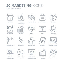 Collection of 20 Marketing linear icons such as Store, Social network, marketing Presentation, Megaphone, Online line icons with thin line stroke, vector illustration of trendy icon set.