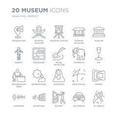 Collection of 20 Museum linear icons such as museum Map, Fencing, Exhibit, Exhibition, Fishbone, Museum, Mammoth line icons with thin line stroke, vector illustration of trendy icon set.