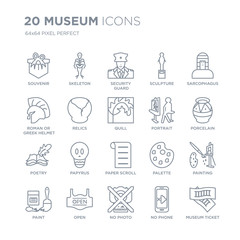 Collection of 20 Museum linear icons such as Souvenir, Skeleton, No photo, Open, Paint, Sarcophagus, Portrait, paper Scroll line icons with thin line stroke, vector illustration of trendy icon set.
