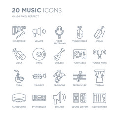 Collection of 20 Music linear icons such as Xylophone, Volume, Speaker, Synthesizer, Tambourine, Violin, Turntable, Trombone line icons with thin line stroke, vector illustration of trendy icon set.