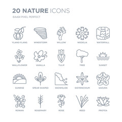Collection of 20 nature linear icons such as Ylang-ylang, Windstorm, Rose, Rosemary, Rowan, Waterfall, Tree, Snowslide line icons with thin line stroke, vector illustration of trendy icon set.