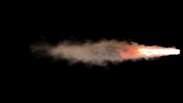 Animated intense stream of fire and smoke as if from jet engine or flying rocket burning solid fuel. More dense smoke and fire. Isolated on black background, mask included.