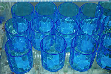Set of blue glasses in store