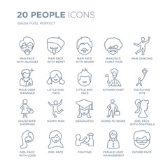 Collection of 20 People linear icons such as Man face with glasses and goatee, beret Fighting, Girl line icons with thin line stroke, vector illustration of trendy icon set.